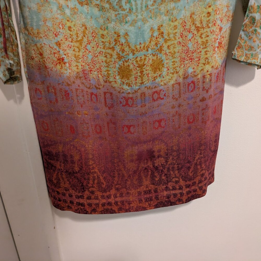 Anthropologie Maeve "Cleome" Turquoise Ombre Silk Open Sleeve Shift Dress - Picture 7 of 11